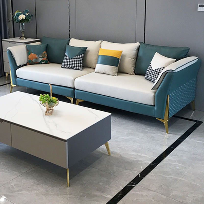 Blue and Cream Faux Leather Sectional Waterproof Sofa with Removable Cushions Clearhalo 'furn' 'furn_sectionals' 'Furniture' 'furniture_sectionals' 'Living Room Furniture' 'Sectionals' 4908749