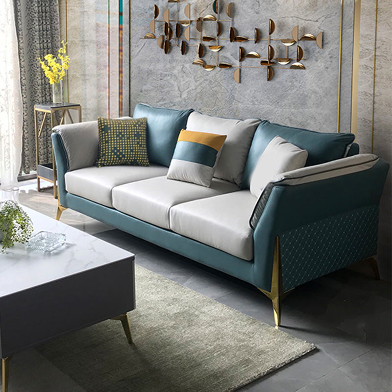 Blue and Cream Faux Leather Sectional Waterproof Sofa with Removable Cushions 87"L x 35"W x 31"H Latex Clearhalo 'furn' 'furn_sectionals' 'Furniture' 'furniture_sectionals' 'Living Room Furniture' 'Sectionals' 4908750