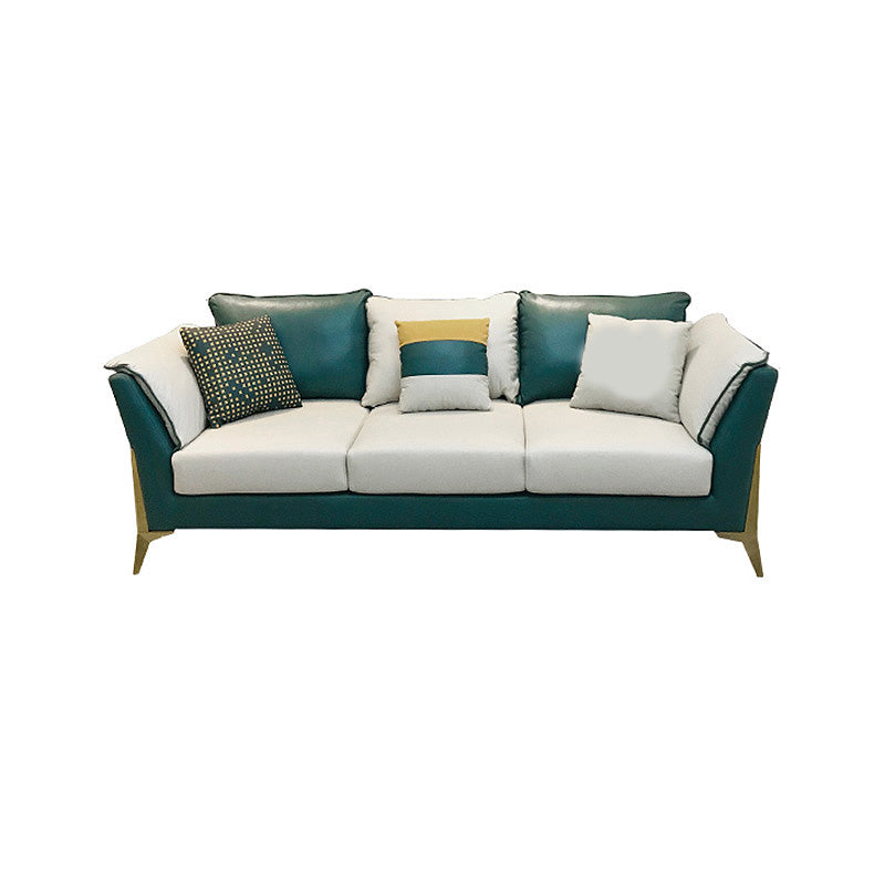 Blue and Cream Faux Leather Sectional Waterproof Sofa with Removable Cushions 87"L x 35"W x 31"H Sponge Clearhalo 'furn' 'furn_sectionals' 'Furniture' 'furniture_sectionals' 'Living Room Furniture' 'Sectionals' 4908752