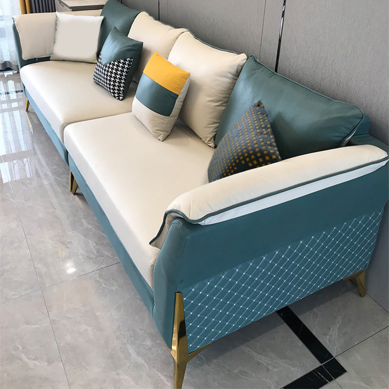 Blue and Cream Faux Leather Sectional Waterproof Sofa with Removable Cushions 106"L x 35"W x 31"H Sponge Clearhalo 'furn' 'furn_sectionals' 'Furniture' 'furniture_sectionals' 'Living Room Furniture' 'Sectionals' 4908758