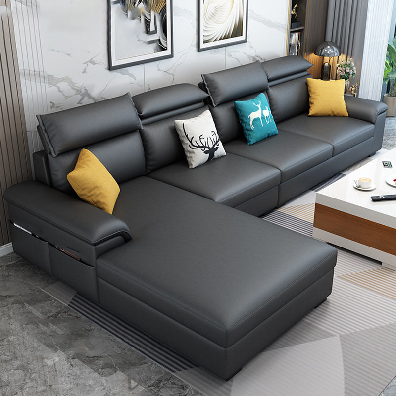 Modern L-Shape Sectional Pillow Back Cushion Sofa and Chaise with Storage Dark Gray-Black Clearhalo 'furn' 'furn_sectionals' 'Furniture' 'furniture_sectionals' 'Living Room Furniture' 'Sectionals' 4908765