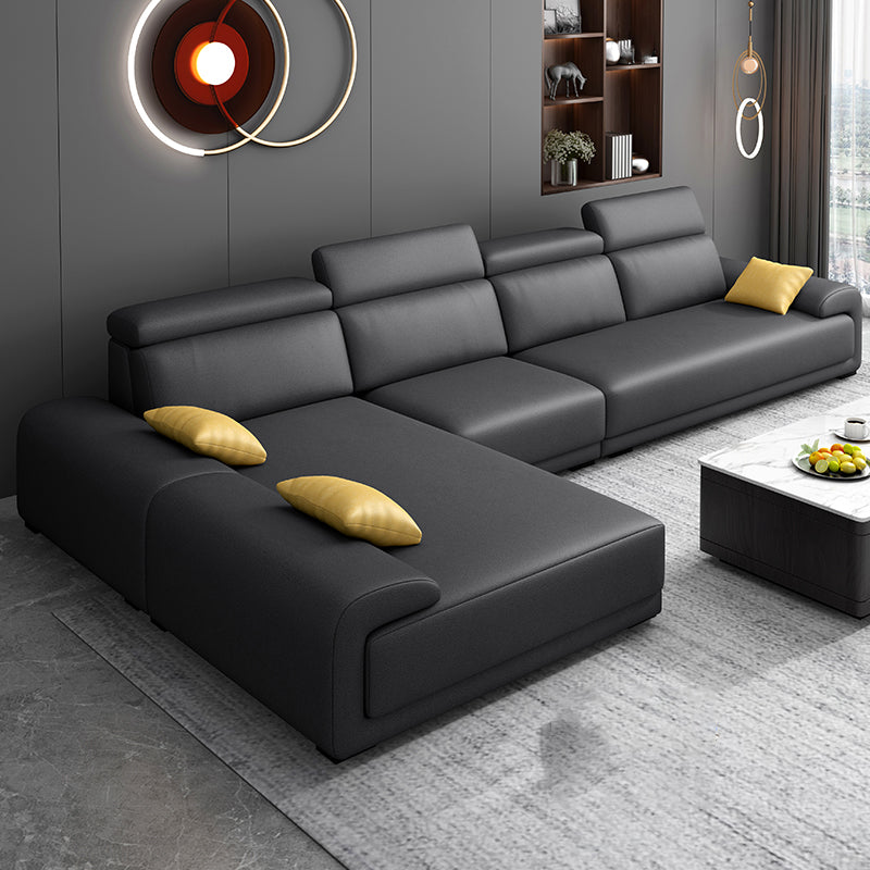 Modern Faux Leather Pillow Top Arm Sectional Stain-Resistant Sofa with Removable Cushions 150"L x 71"W x 39"H Black-Gray Clearhalo 'furn' 'furn_sectionals' 'Furniture' 'furniture_sectionals' 'Living Room Furniture' 'Sectionals' 4908826