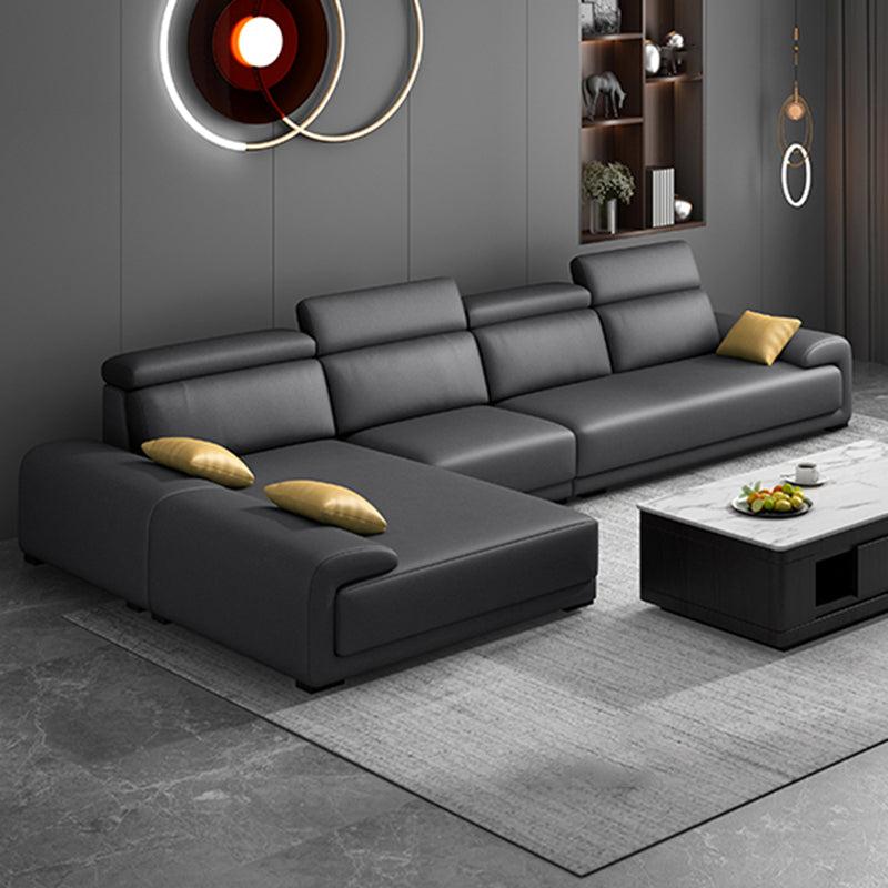Modern Faux Leather Pillow Top Arm Sectional Stain-Resistant Sofa with Removable Cushions 134"L x 71"W x 39"H Black-Gray Latex Clearhalo 'furn' 'furn_sectionals' 'Furniture' 'furniture_sectionals' 'Living Room Furniture' 'Sectionals' 4908829