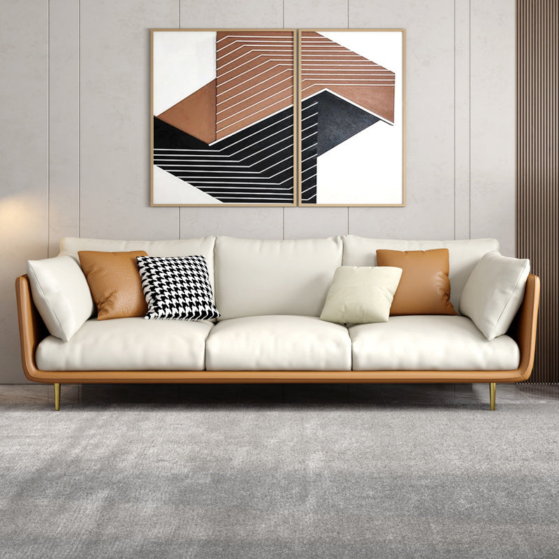 Living Room Genuine Leather Couch Square Arm Sofa with Pillow Back White-Brown Clearhalo 'furn' 'furn_sofas' 'Furniture' 'furniture_sofas' 'Living Room Furniture' 'Sofa' 'sofas' 4909121