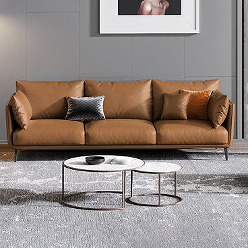 Living Room Genuine Leather Couch Square Arm Sofa with Pillow Back Orange Clearhalo 'furn' 'furn_sofas' 'Furniture' 'furniture_sofas' 'Living Room Furniture' 'Sofa' 'sofas' 4909123