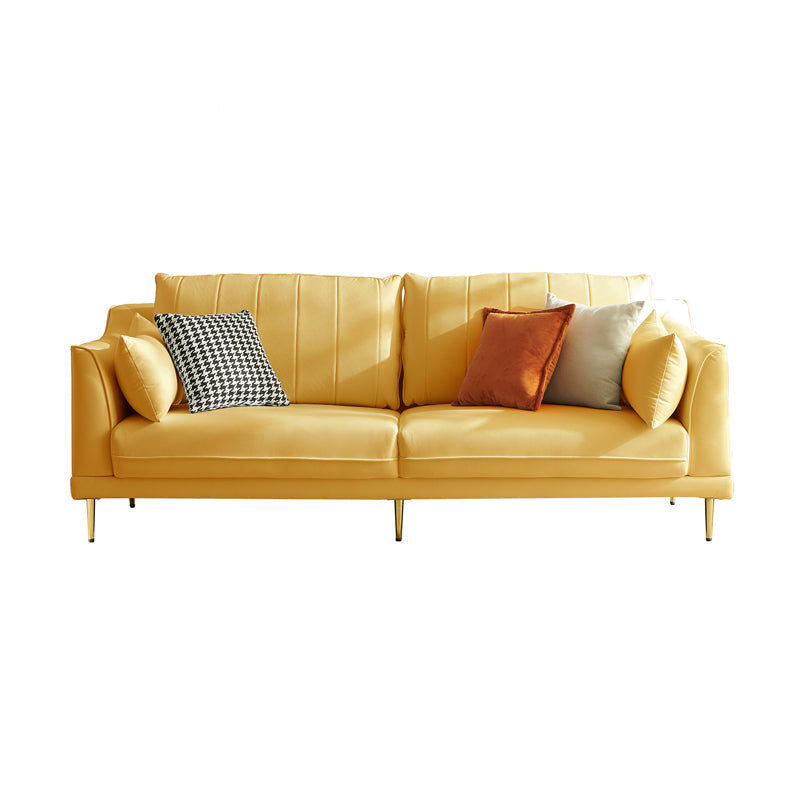 Contemporary Square Arm Loveseat Living Room Faux Leather Sofa with Brass Legs Yellow Sponge Clearhalo 'furn' 'furn_sofas' 'Furniture' 'furniture_sofas' 'Living Room Furniture' 'Sofa' 'sofas' 4909255