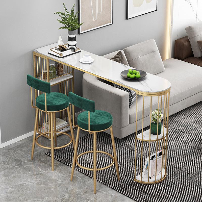 Glam Style Bar Table Stone Top Metal Base Pub Table with Shelf for Living Room 70.9"L x 15.7"W x 41.3"H White-Gold Without Chairs Clearhalo 'Bar Furniture' 'Bar Tables' 'bar_tables' 'furn' 'furn_bar_tables' 'Furniture' 'furniture_bar_tables' 'Kitchen & Dining Furniture' 4909837