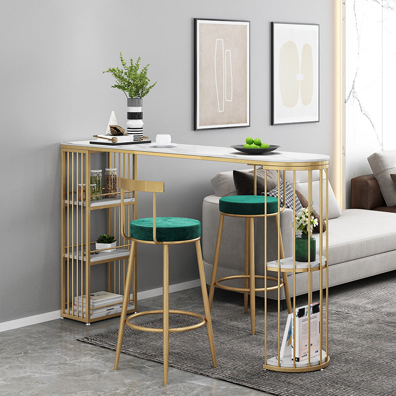 Glam Style Bar Table Stone Top Metal Base Pub Table with Shelf for Living Room 63"L x 15.7"W x 41.3"H White-Gold Without Chairs Clearhalo 'Bar Furniture' 'Bar Tables' 'bar_tables' 'furn' 'furn_bar_tables' 'Furniture' 'furniture_bar_tables' 'Kitchen & Dining Furniture' 4909838
