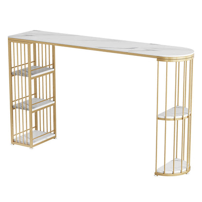 Glam Style Bar Table Stone Top Metal Base Pub Table with Shelf for Living Room White-Gold Without Chairs Clearhalo 'Bar Furniture' 'Bar Tables' 'bar_tables' 'furn' 'furn_bar_tables' 'Furniture' 'furniture_bar_tables' 'Kitchen & Dining Furniture' 4909846