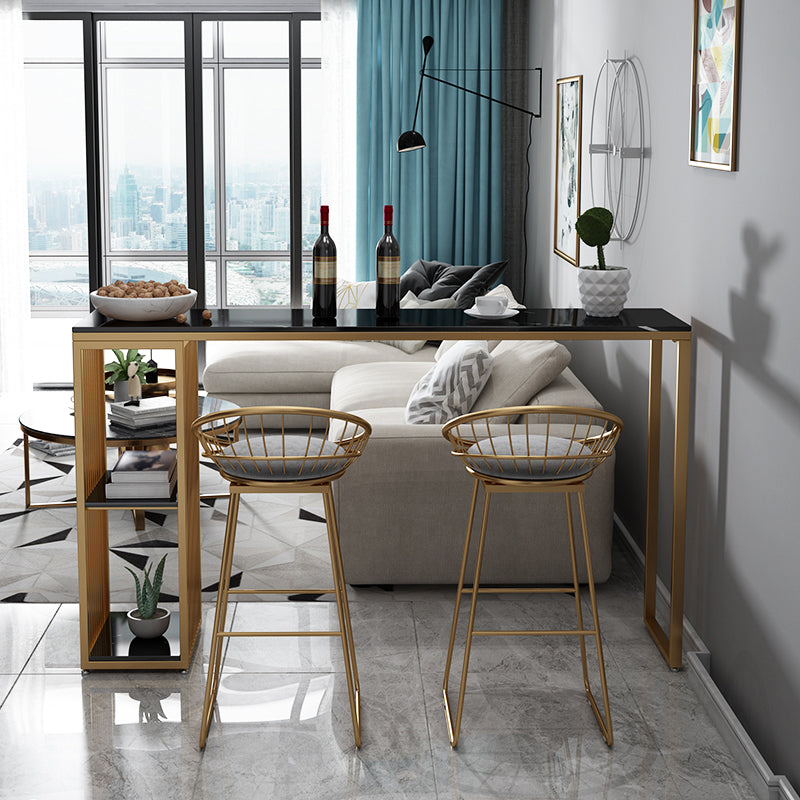 Glam Iron Bar Dining Table with Faux Marble Top Indoor Bistro Table with Shelf 63"L x 15.7"W x 41.3"H Gold-Black Without Chairs Clearhalo 'Bar Furniture' 'Bar Tables' 'bar_tables' 'furn' 'furn_bar_tables' 'Furniture' 'furniture_bar_tables' 'Kitchen & Dining Furniture' 4909872