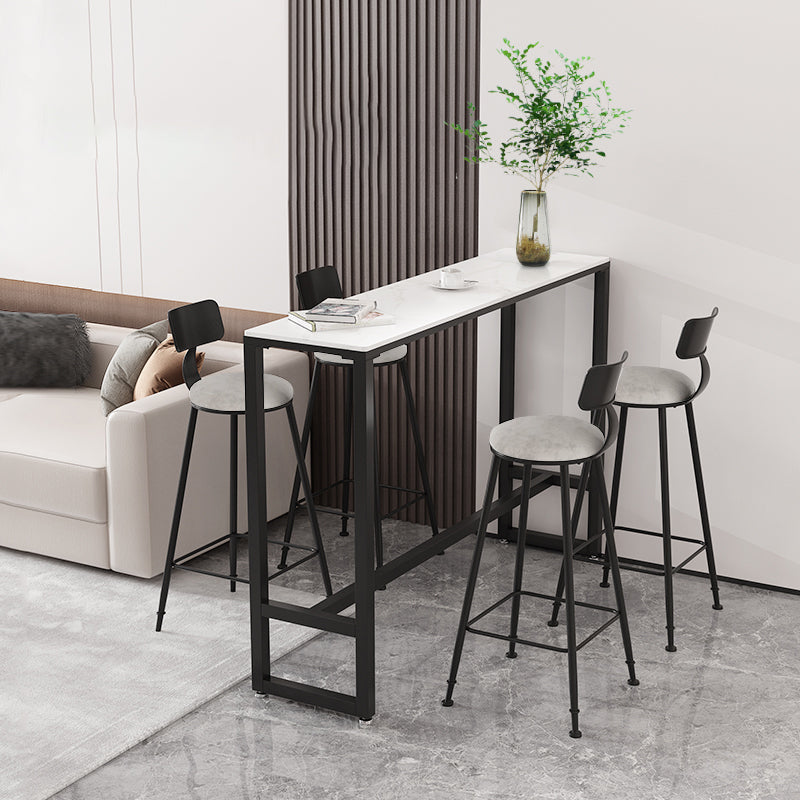 Modern Rectangle Iron Bar Dining Table Stone Top Indoor Bistro Table with Footrest 70.9"L x 15.7"W x 41.3"H White-Black Without Chairs Clearhalo 'Bar Furniture' 'Bar Tables' 'bar_tables' 'furn' 'furn_bar_tables' 'Furniture' 'furniture_bar_tables' 'Kitchen & Dining Furniture' 4909926
