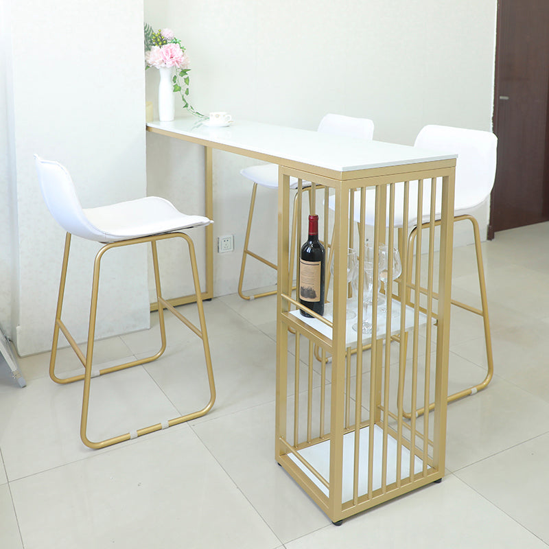 Glam Gold Iron Bar Dining Table White Faux Marble Top Indoor Bistro Table with Shelf 86.6"L x 15.7"W x 41.3"H Without Chairs Clearhalo 'Bar Furniture' 'Bar Tables' 'bar_tables' 'furn' 'furn_bar_tables' 'Furniture' 'furniture_bar_tables' 'Kitchen & Dining Furniture' 4909975