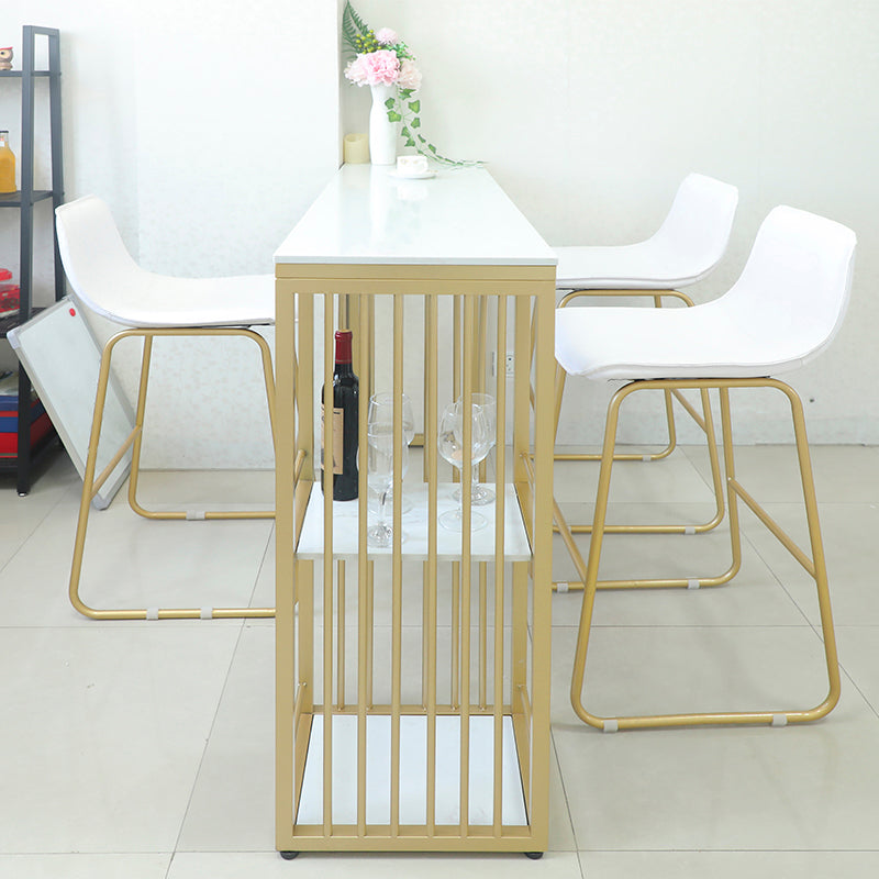 Glam Gold Iron Bar Dining Table White Faux Marble Top Indoor Bistro Table with Shelf 78.7"L x 15.7"W x 41.3"H Without Chairs Clearhalo 'Bar Furniture' 'Bar Tables' 'bar_tables' 'furn' 'furn_bar_tables' 'Furniture' 'furniture_bar_tables' 'Kitchen & Dining Furniture' 4909976