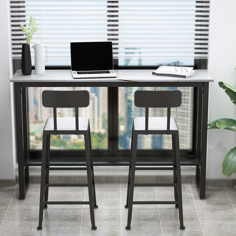 Modern Black Iron Bar Dining Table with White Stone Top Rectangle Indoor Bistro Table 63"L x 15.7"W x 41.3"H Storage Not Included Without Chairs Clearhalo 'Bar Furniture' 'Bar Tables' 'bar_tables' 'furn' 'furn_bar_tables' 'Furniture' 'furniture_bar_tables' 'Kitchen & Dining Furniture' 4910049