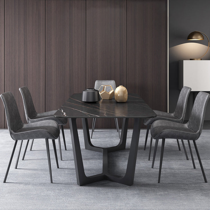 Modern 1/4/5/7 Pieces Rectangle Dining Set Sintered Stone Dining Table with Leather Chairs Clearhalo 'Dining Room Sets' 'Dining Tables & Seating' 'dining_room_set' 'furn' 'furn_dining_room_set' 'Furniture' 'furniture_dining_room_set' 'Kitchen & Dining Furniture' 4911085