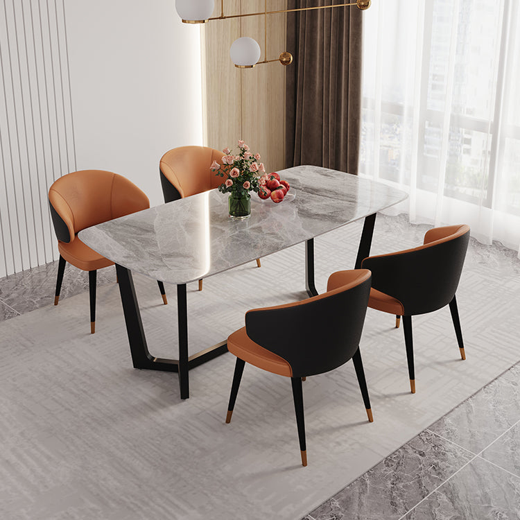 1/5/6/7 Pieces Sintered Stone Dining Table Set Rectangular Dining Room Table 5 Pieces: Grey Table, 4 Orange Chairs Clearhalo 'Dining Room Sets' 'Dining Tables & Seating' 'dining_room_set' 'furn' 'furn_dining_room_set' 'Furniture' 'furniture_dining_room_set' 'Kitchen & Dining Furniture' 4911236