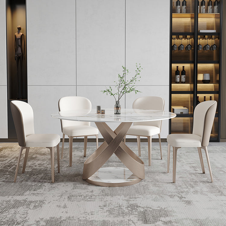 Modern 1/4/5/7 Pieces Dinette Set with White Sintered Stone Round Dining Table Set 5 Pieces: White Table, 4 Chairs Clearhalo 'Dining Room Sets' 'Dining Tables & Seating' 'dining_room_set' 'furn' 'furn_dining_room_set' 'Furniture' 'furniture_dining_room_set' 'Kitchen & Dining Furniture' 4911339