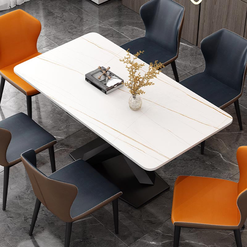 Industrial Sintered Stone Table for Restaurant Rectangle Kitchen Table with Black Pedestal White Gold Without Chairs Clearhalo 'Dining Tables & Seating' 'Dining Tables' 'dining_table' 'furn' 'furn_dining_table' 'Furniture' 'furniture_dining_table' 'Kitchen & Dining Furniture' 'kitchen' 'kitchen_dining_table' 4911458