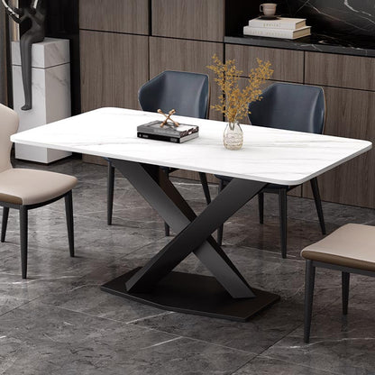 Industrial Sintered Stone Table for Restaurant Rectangle Kitchen Table with Black Pedestal White Without Chairs Clearhalo 'Dining Tables & Seating' 'Dining Tables' 'dining_table' 'furn' 'furn_dining_table' 'Furniture' 'furniture_dining_table' 'Kitchen & Dining Furniture' 'kitchen' 'kitchen_dining_table' 4911459