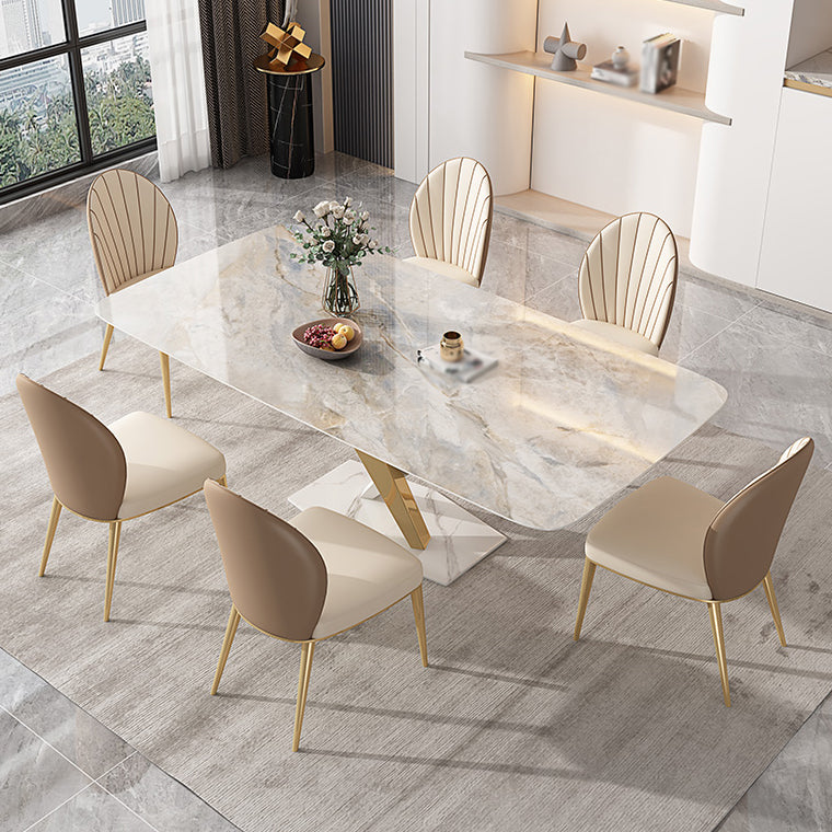 White Stone Dining Table Household Small Apartment Dining Furniture with Pedestal Base Pandora Gold 63"L x 35.4"W x 29.5"H Without Chairs Clearhalo 'Dining Tables & Seating' 'Dining Tables' 'dining_table' 'furn' 'furn_dining_table' 'Furniture' 'furniture_dining_table' 'Kitchen & Dining Furniture' 'kitchen' 'kitchen_dining_table' 4911551