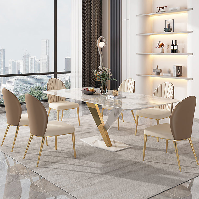 White Stone Dining Table Household Small Apartment Dining Furniture with Pedestal Base Pandora Gold 59.1"L x 31.5"W x 29.5"H Without Chairs Clearhalo 'Dining Tables & Seating' 'Dining Tables' 'dining_table' 'furn' 'furn_dining_table' 'Furniture' 'furniture_dining_table' 'Kitchen & Dining Furniture' 'kitchen' 'kitchen_dining_table' 4911556
