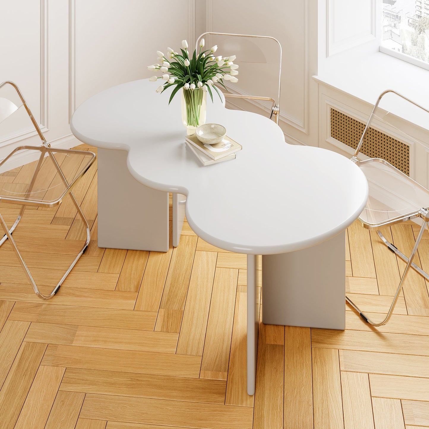 Free Form Solid Wood Dining Table Double Pedestal Furniture in Matte Finish White 70.9"L x 35.4"W x 29.5"H Without Chairs Clearhalo 'Dining Tables & Seating' 'Dining Tables' 'dining_table' 'furn' 'furn_dining_table' 'Furniture' 'furniture_dining_table' 'Kitchen & Dining Furniture' 'kitchen' 'kitchen_dining_table' 4911601