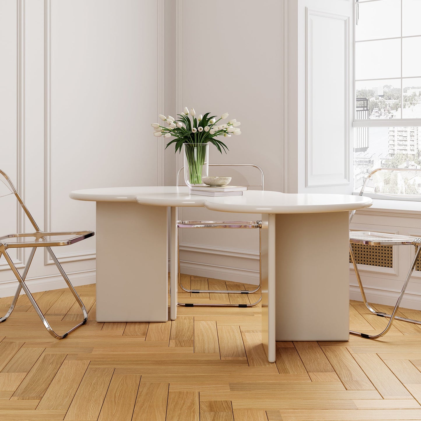 Free Form Solid Wood Dining Table Double Pedestal Furniture in Matte Finish Clearhalo 'Dining Tables & Seating' 'Dining Tables' 'dining_table' 'furn' 'furn_dining_table' 'Furniture' 'furniture_dining_table' 'Kitchen & Dining Furniture' 'kitchen' 'kitchen_dining_table' 4911609