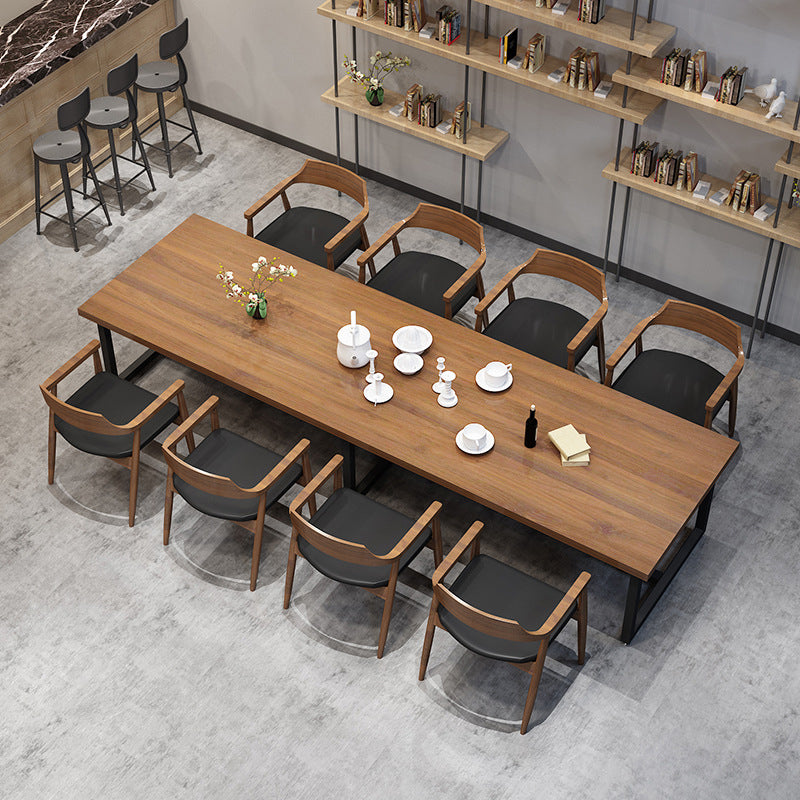 Metal Industrial Rectangle Table Pine Wood Top Indoor Table with Trestle 110.2"L x 43.3"W x 29.5"H Without Chairs Clearhalo 'Dining Tables & Seating' 'Dining Tables' 'dining_table' 'furn' 'furn_dining_table' 'Furniture' 'furniture_dining_table' 'Kitchen & Dining Furniture' 'kitchen' 'kitchen_dining_table' 4911680