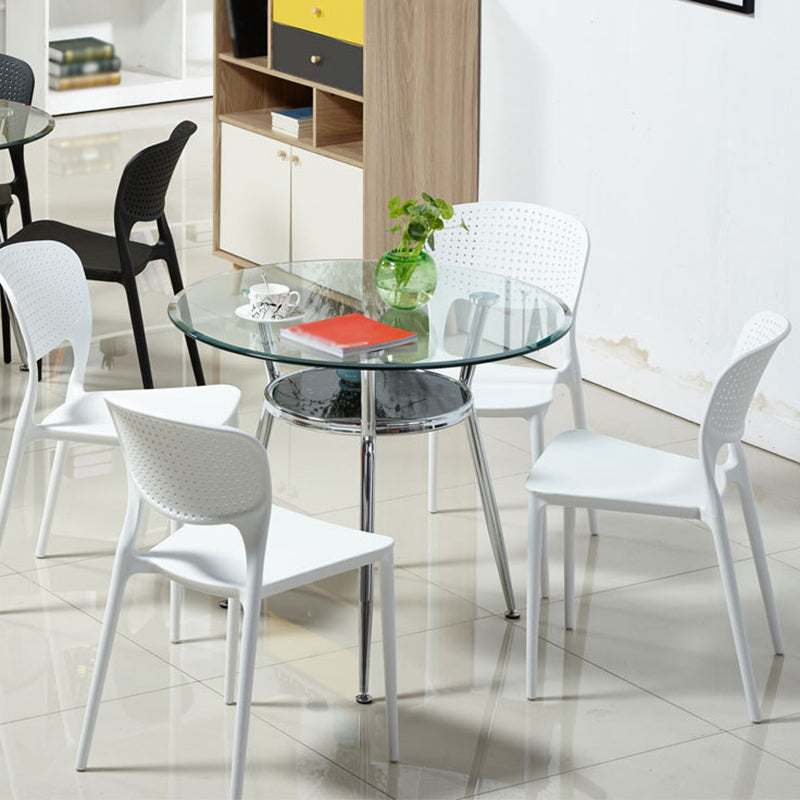 Metal Modern Round Indoor Table Glass Top Table for Kitchen and Dining Room Clear 35.4"L x 35.4"W x 29.5"H Without Chairs Clearhalo 'Dining Tables & Seating' 'Dining Tables' 'dining_table' 'furn' 'furn_dining_table' 'Furniture' 'furniture_dining_table' 'Kitchen & Dining Furniture' 'kitchen' 'kitchen_dining_table' 4911704