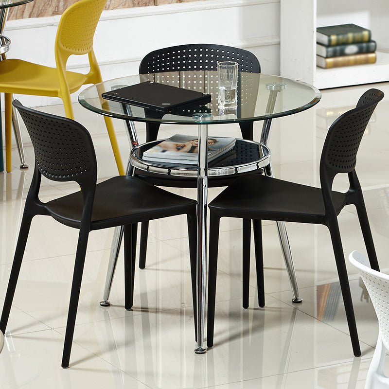 Metal Modern Round Indoor Table Glass Top Table for Kitchen and Dining Room Clear 27.6"L x 27.6"W x 29.5"H Without Chairs Clearhalo 'Dining Tables & Seating' 'Dining Tables' 'dining_table' 'furn' 'furn_dining_table' 'Furniture' 'furniture_dining_table' 'Kitchen & Dining Furniture' 'kitchen' 'kitchen_dining_table' 4911705