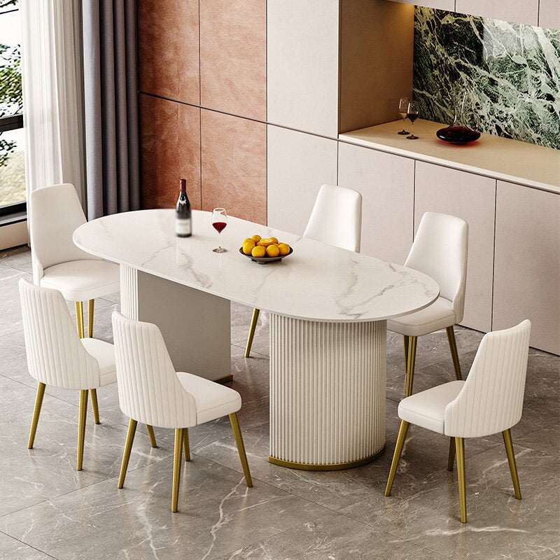 Sintered Stone Top Kitchen Table for Restaurant Luxury White Table with Double Pedestal Oval 70.9"L x 35.4"W x 29.5"H Without Chairs Clearhalo 'Dining Tables & Seating' 'Dining Tables' 'dining_table' 'furn' 'furn_dining_table' 'Furniture' 'furniture_dining_table' 'Kitchen & Dining Furniture' 'kitchen' 'kitchen_dining_table' 4911766