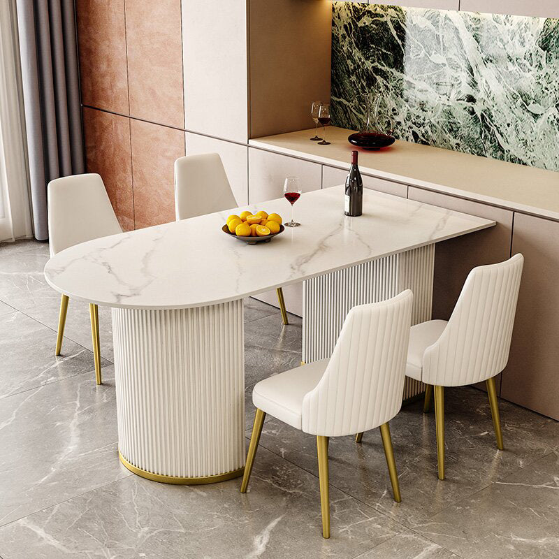 Sintered Stone Top Kitchen Table for Restaurant Luxury White Table with Double Pedestal Free Form 51.2"L x 27.6"W x 29.5"H Without Chairs Clearhalo 'Dining Tables & Seating' 'Dining Tables' 'dining_table' 'furn' 'furn_dining_table' 'Furniture' 'furniture_dining_table' 'Kitchen & Dining Furniture' 'kitchen' 'kitchen_dining_table' 4911767