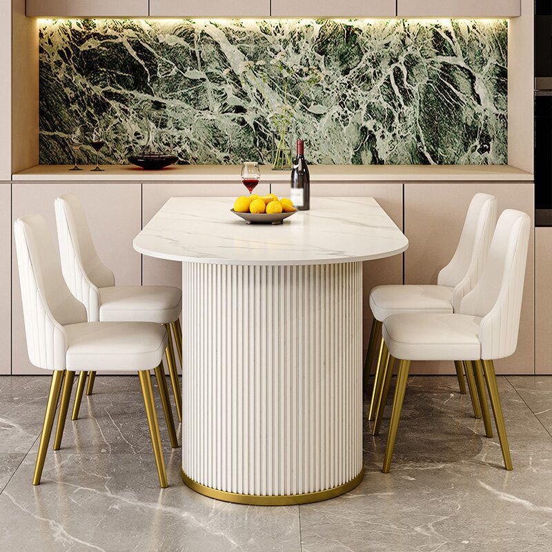 Sintered Stone Top Kitchen Table for Restaurant Luxury White Table with Double Pedestal Free Form 63"L x 31.5"W x 29.5"H Without Chairs Clearhalo 'Dining Tables & Seating' 'Dining Tables' 'dining_table' 'furn' 'furn_dining_table' 'Furniture' 'furniture_dining_table' 'Kitchen & Dining Furniture' 'kitchen' 'kitchen_dining_table' 4911768