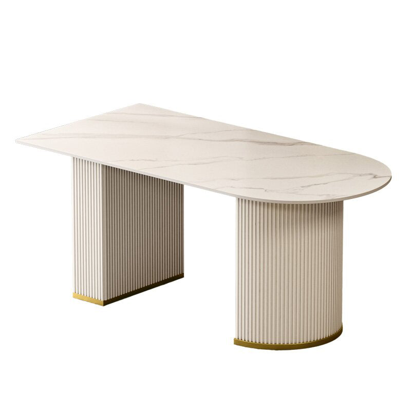 Sintered Stone Top Kitchen Table for Restaurant Luxury White Table with Double Pedestal Free Form 70.9"L x 37.4"W x 29.5"H Without Chairs Clearhalo 'Dining Tables & Seating' 'Dining Tables' 'dining_table' 'furn' 'furn_dining_table' 'Furniture' 'furniture_dining_table' 'Kitchen & Dining Furniture' 'kitchen' 'kitchen_dining_table' 4911769
