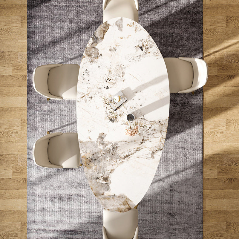 Metal Traditional Luxury Oval Indoor Table Sintered Stone Table with 3 Legs Pandora Gold 70.9"L x 35.4"W x 29.5"H Without Chairs Clearhalo 'Dining Tables & Seating' 'Dining Tables' 'dining_table' 'furn' 'furn_dining_table' 'Furniture' 'furniture_dining_table' 'Kitchen & Dining Furniture' 'kitchen' 'kitchen_dining_table' 4911785