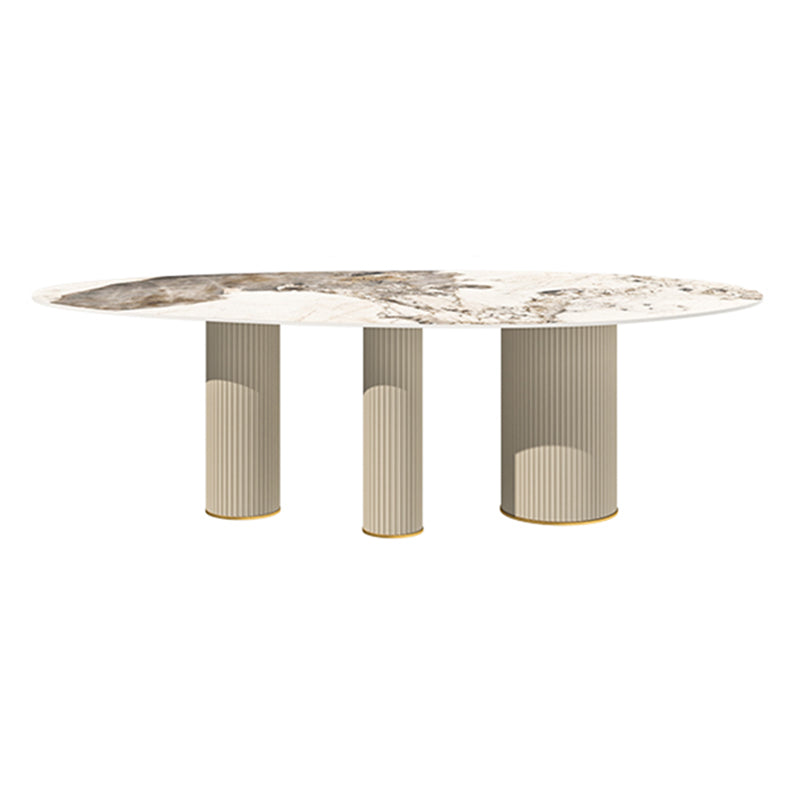 Metal Traditional Luxury Oval Indoor Table Sintered Stone Table with 3 Legs Pandora Gold 86.6"L x 43.3"W x 29.5"H Without Chairs Clearhalo 'Dining Tables & Seating' 'Dining Tables' 'dining_table' 'furn' 'furn_dining_table' 'Furniture' 'furniture_dining_table' 'Kitchen & Dining Furniture' 'kitchen' 'kitchen_dining_table' 4911788