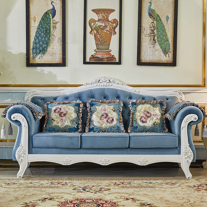Traditional Velvet Couch Three Cushion Seat Settee with Rolled Arms Lake Blue Clearhalo 'furn' 'furn_sofas' 'Furniture' 'furniture_sofas' 'Living Room Furniture' 'Sofa' 'sofas' 4918689