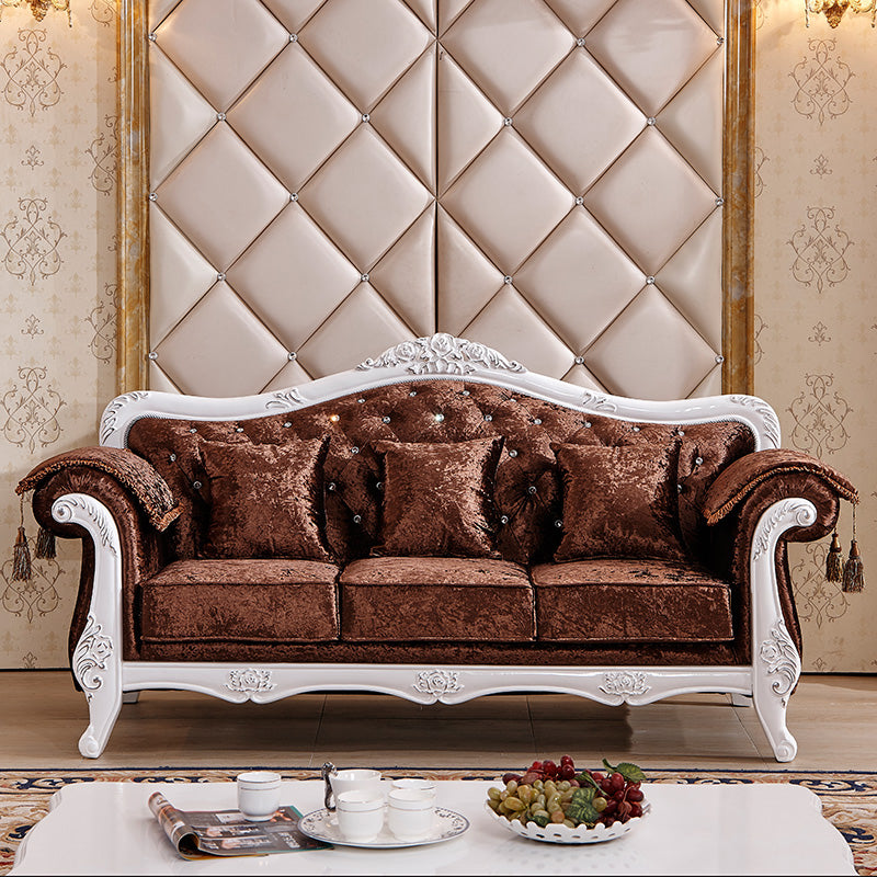 Traditional Velvet Couch Three Cushion Seat Settee with Rolled Arms Dark Coffee Clearhalo 'furn' 'furn_sofas' 'Furniture' 'furniture_sofas' 'Living Room Furniture' 'Sofa' 'sofas' 4918693