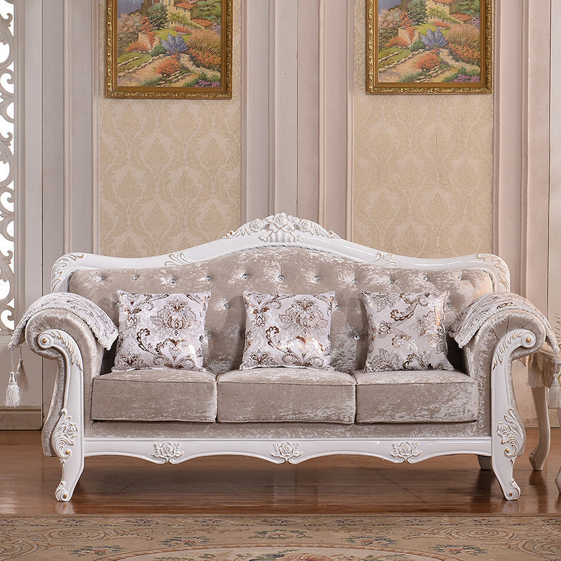 Traditional Velvet Couch Three Cushion Seat Settee with Rolled Arms Khaki Clearhalo 'furn' 'furn_sofas' 'Furniture' 'furniture_sofas' 'Living Room Furniture' 'Sofa' 'sofas' 4918694
