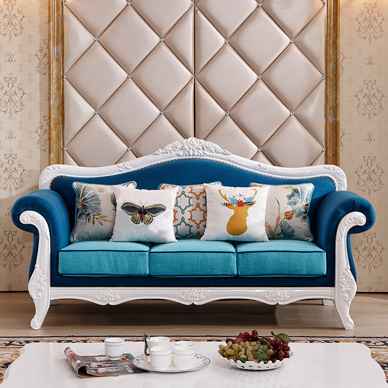 Traditional Velvet Couch Three Cushion Seat Settee with Rolled Arms Dark Blue-Light Blue Clearhalo 'furn' 'furn_sofas' 'Furniture' 'furniture_sofas' 'Living Room Furniture' 'Sofa' 'sofas' 4918696