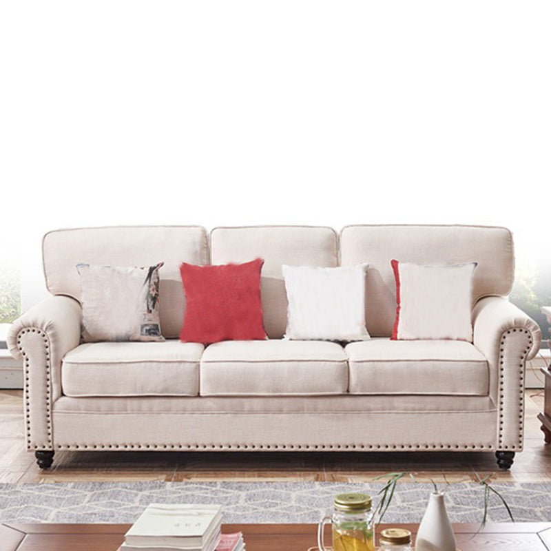 Traditional Biege Pillow Back Couch Rolled Arm Sofa with Nailhead Trim 83"L x 35.5"W x 35.5"H Linen Blend Latex Clearhalo 'furn' 'furn_sofas' 'Furniture' 'furniture_sofas' 'Living Room Furniture' 'Sofa' 'sofas' 4918755