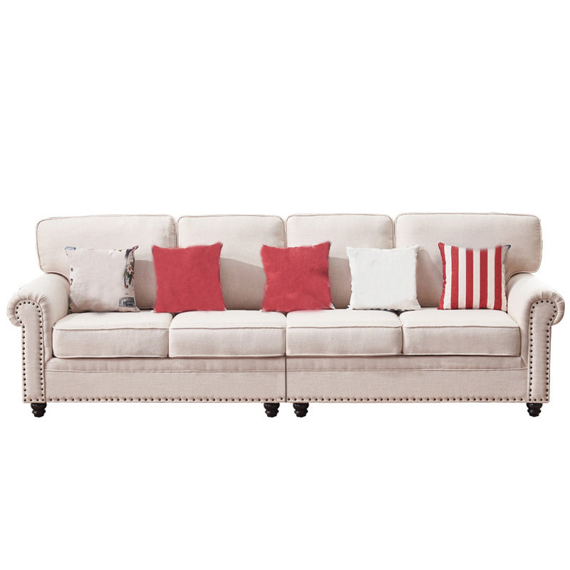 Traditional Biege Pillow Back Couch Rolled Arm Sofa with Nailhead Trim 110"L x 35.5"W x 35.5"H Clearhalo 'furn' 'furn_sofas' 'Furniture' 'furniture_sofas' 'Living Room Furniture' 'Sofa' 'sofas' 4918756