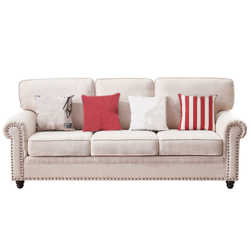 Traditional Biege Pillow Back Couch Rolled Arm Sofa with Nailhead Trim 83"L x 35.5"W x 35.5"H Linen Blend Memory Foam Clearhalo 'furn' 'furn_sofas' 'Furniture' 'furniture_sofas' 'Living Room Furniture' 'Sofa' 'sofas' 4918759