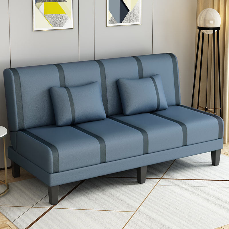 Linen/Velvet/Faux Leather Armless Convertible Sofa Tight Back Sofa Bed with Lumbar Pillow Blue Faux Leather Clearhalo 'furn' 'furn_sofas' 'Furniture' 'furniture_sofas' 'Living Room Furniture' 'Sofa' 'sofas' 4918783