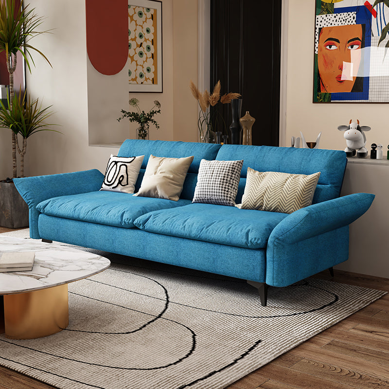 Modern Cotton Blend/Faux Leather Settee Flared Arm Biscuit Back Couch Blue Cotton Blend Clearhalo 'furn' 'furn_sofas' 'Furniture' 'furniture_sofas' 'Living Room Furniture' 'Sofa' 'sofas' 4918855