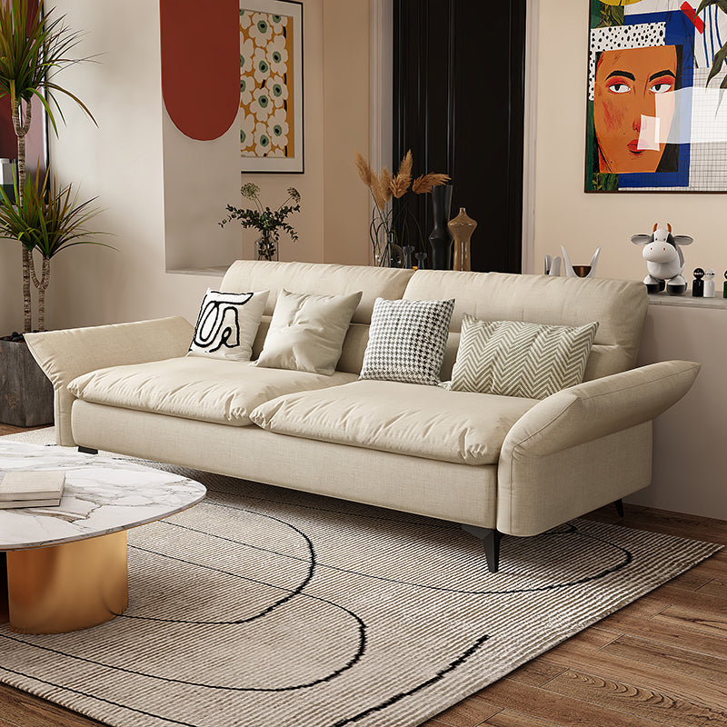 Modern Cotton Blend/Faux Leather Settee Flared Arm Biscuit Back Couch Off-White Cotton Blend Clearhalo 'furn' 'furn_sofas' 'Furniture' 'furniture_sofas' 'Living Room Furniture' 'Sofa' 'sofas' 4918862