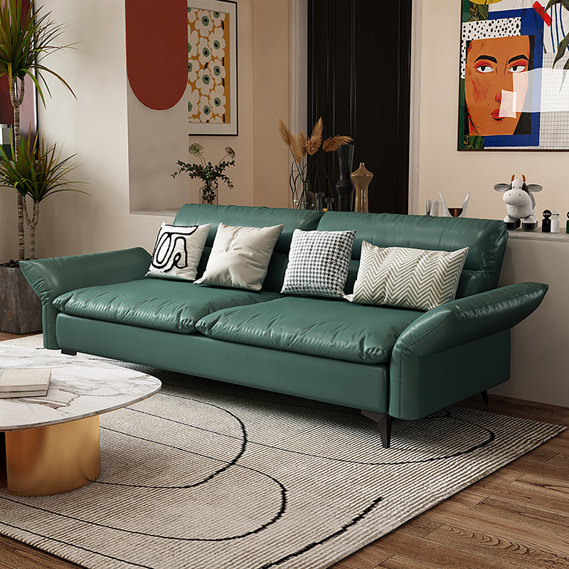 Modern Cotton Blend/Faux Leather Settee Flared Arm Biscuit Back Couch Blackish Green Faux Leather Clearhalo 'furn' 'furn_sofas' 'Furniture' 'furniture_sofas' 'Living Room Furniture' 'Sofa' 'sofas' 4918867