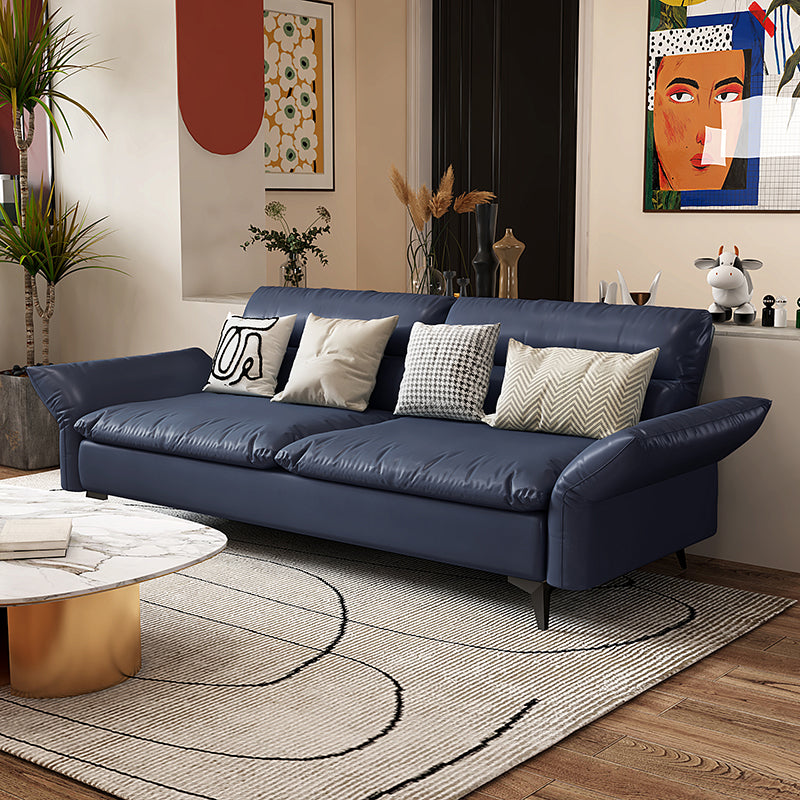 Modern Cotton Blend/Faux Leather Settee Flared Arm Biscuit Back Couch Dark Blue Faux Leather Clearhalo 'furn' 'furn_sofas' 'Furniture' 'furniture_sofas' 'Living Room Furniture' 'Sofa' 'sofas' 4918876
