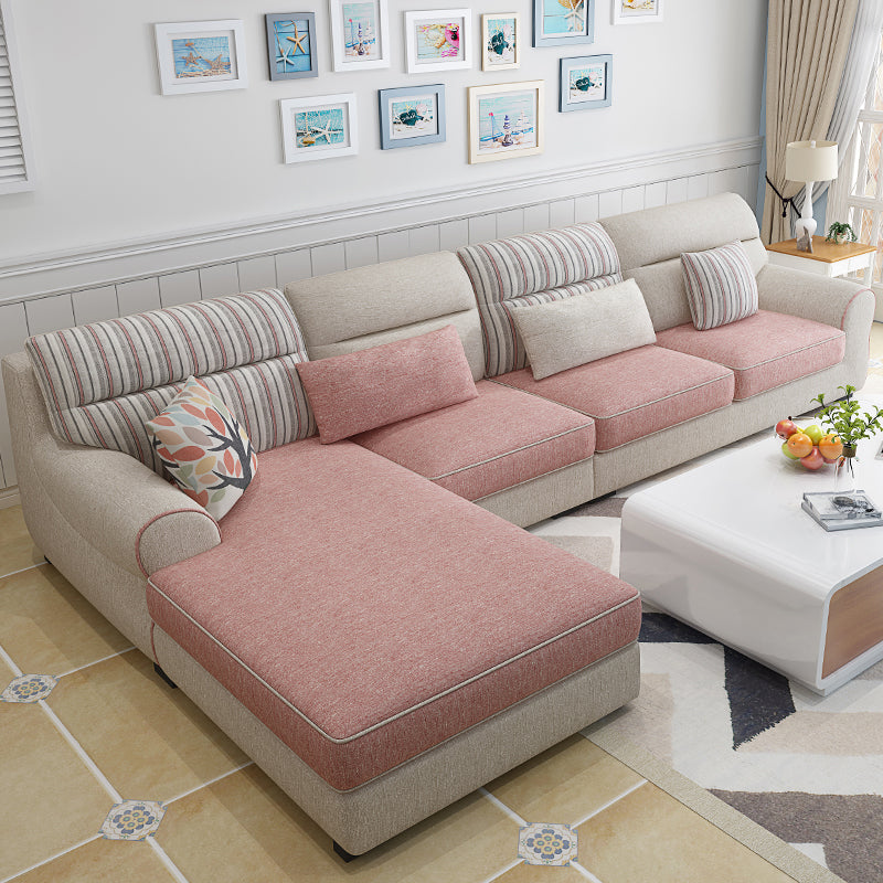 Recessed Arm Sofa and Chaise L-Shape Pillow Back Cushion Sectional Cotton Blend Pink Clearhalo 'furn' 'furn_sectionals' 'Furniture' 'furniture_sectionals' 'Living Room Furniture' 'Sectionals' 4919103