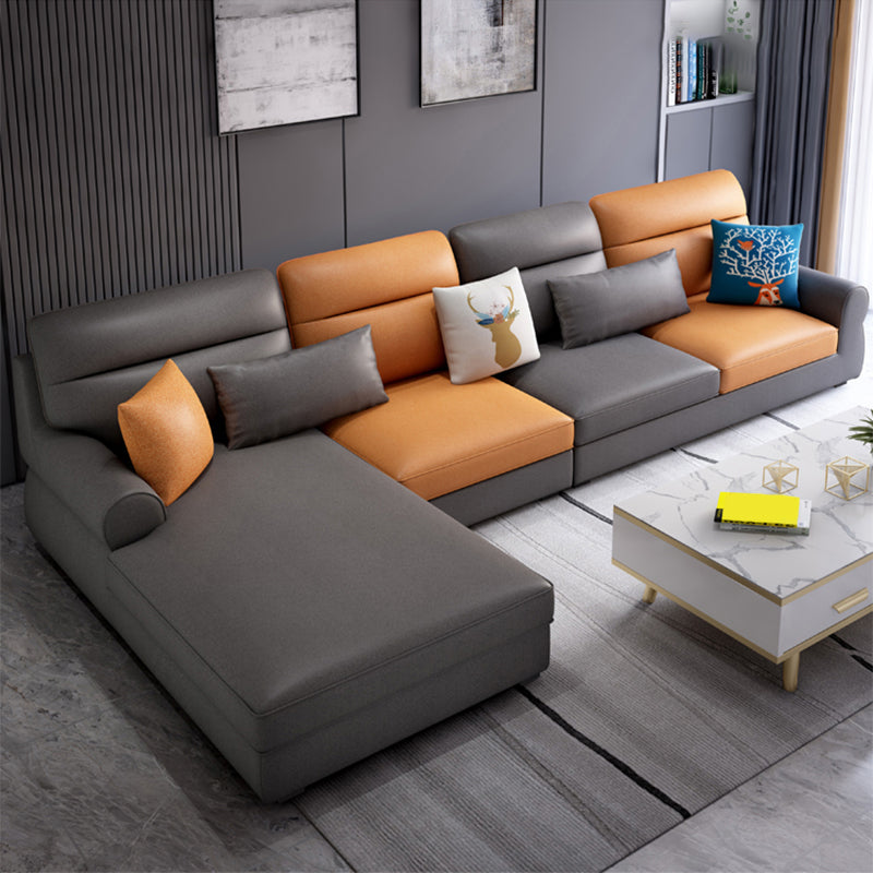 Recessed Arm Sofa and Chaise L-Shape Pillow Back Cushion Sectional Faux Leather Brown Clearhalo 'furn' 'furn_sectionals' 'Furniture' 'furniture_sectionals' 'Living Room Furniture' 'Sectionals' 4919105